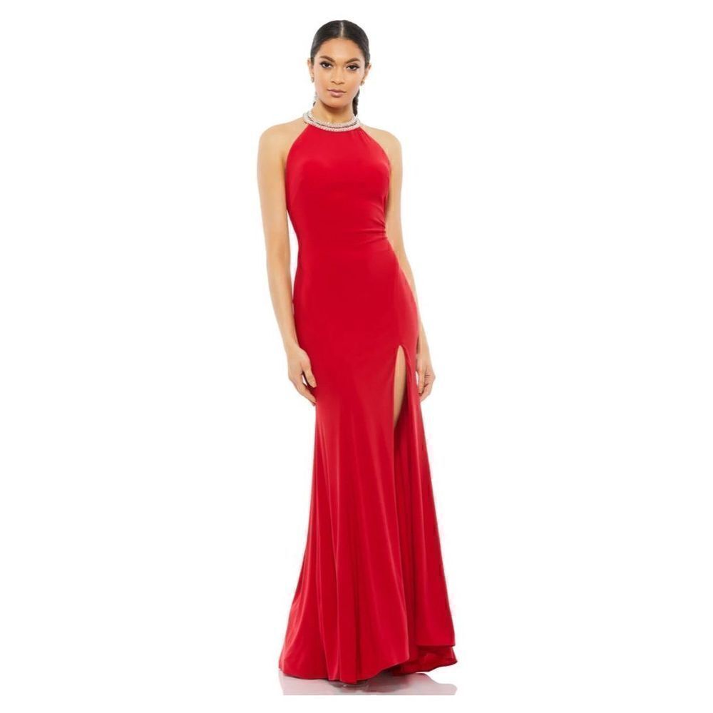 Mac Duggal Red Halter Evening Gown with Side Slit